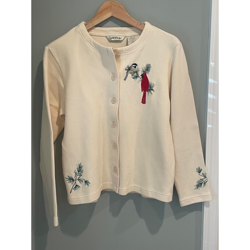Orvis Vintage Cotton Embroidered Birds Cardinal Cardigan Sweater Womens‎ Small